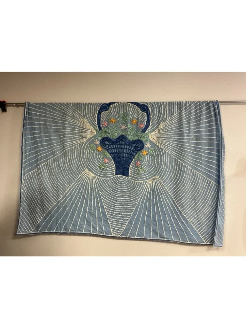 Vintage Chenille Flower Basket and Blue Ribbon Bedspread Full